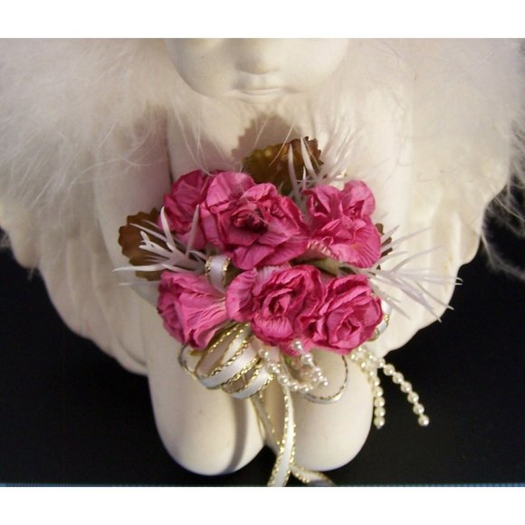Angel Statue Small Pink Roses Ribbons Cherub Room Decor Memorial 6" - Picture 5 of 8